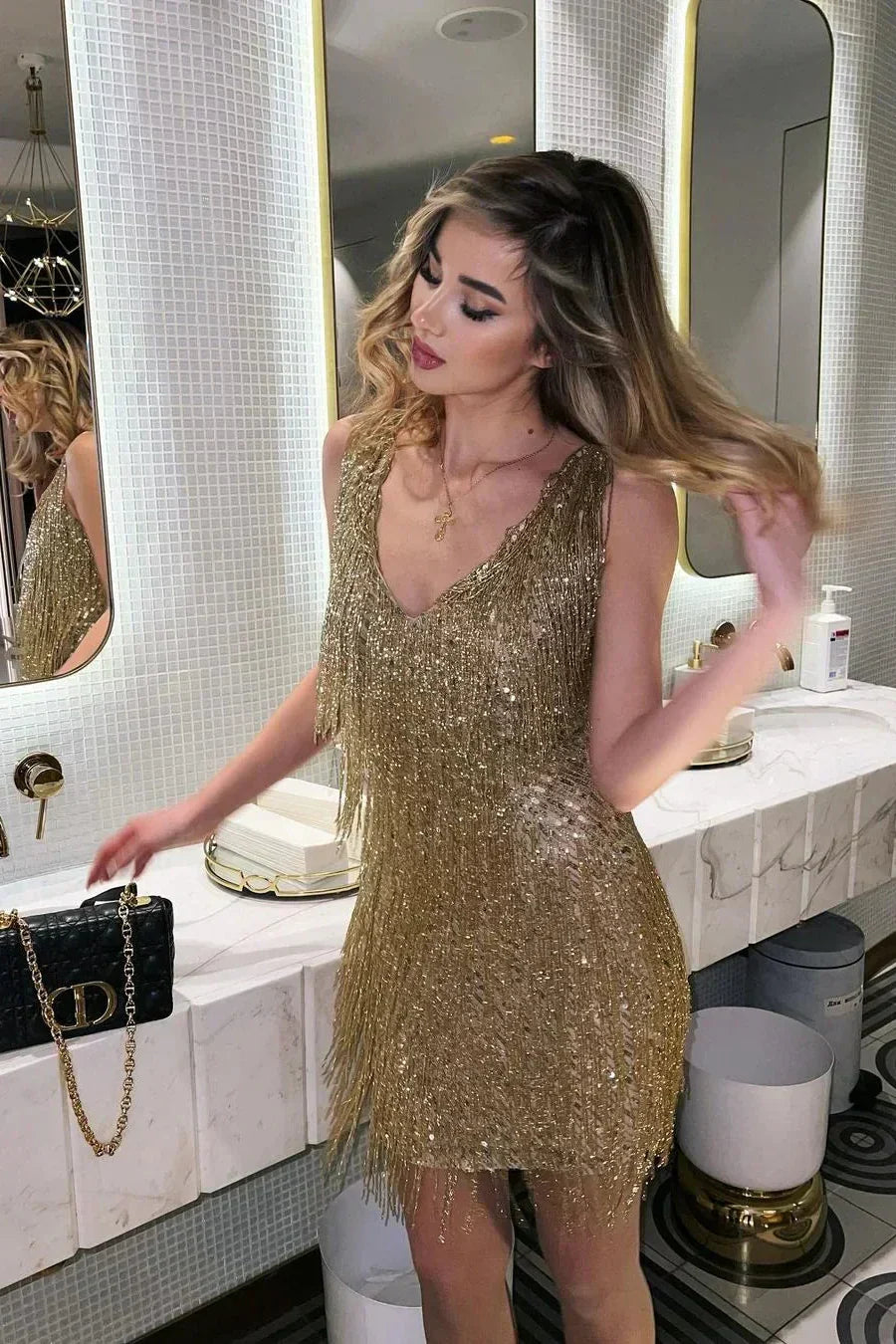 Cosima | Women's Sequin Fringe V-Neck Mini Party Evening Dress
