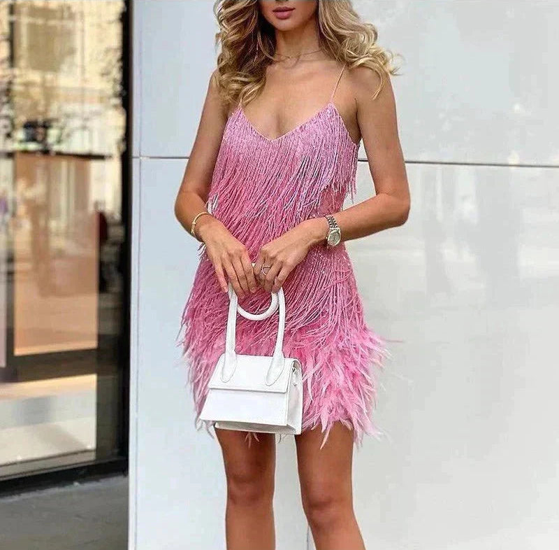 Delphine | Women's Fringe Feather-Trim Spaghetti Strap Mini Party Dress