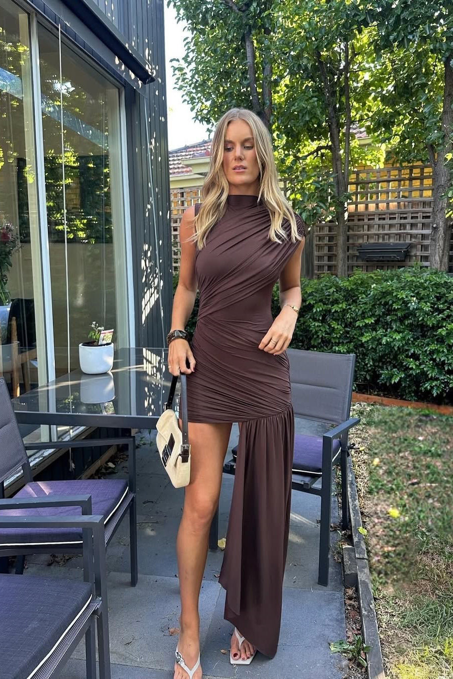 Evadne | Women's Ruched High-Neck Draped Mini Evening Dress