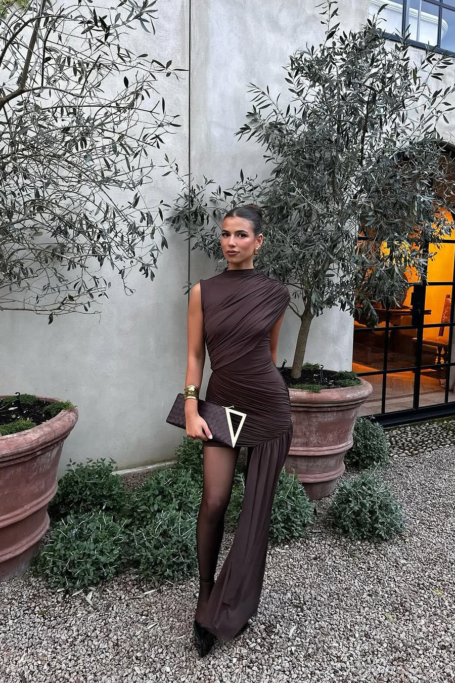 Evadne | Women's Ruched High-Neck Draped Mini Evening Dress