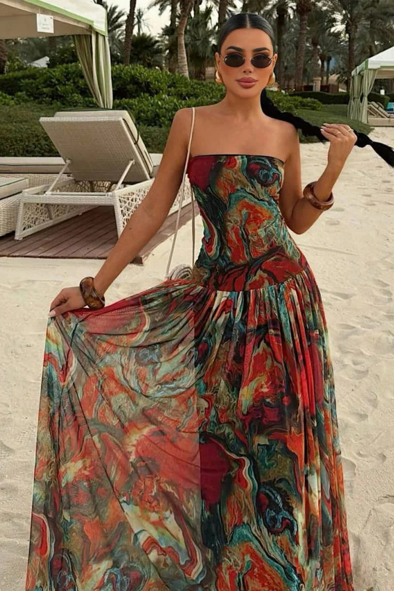Nerissa | Women's Abstract Print Spaghetti Strap Drop-Waist Maxi Vacation Dress