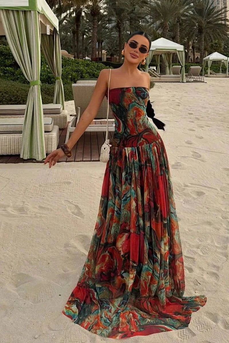 Nerissa | Women's Abstract Print Spaghetti Strap Drop-Waist Maxi Vacation Dress