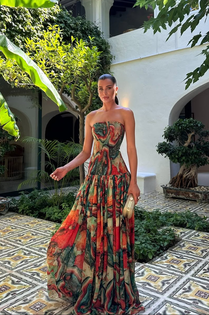 Nerissa | Women's Abstract Print Spaghetti Strap Drop-Waist Maxi Vacation Dress