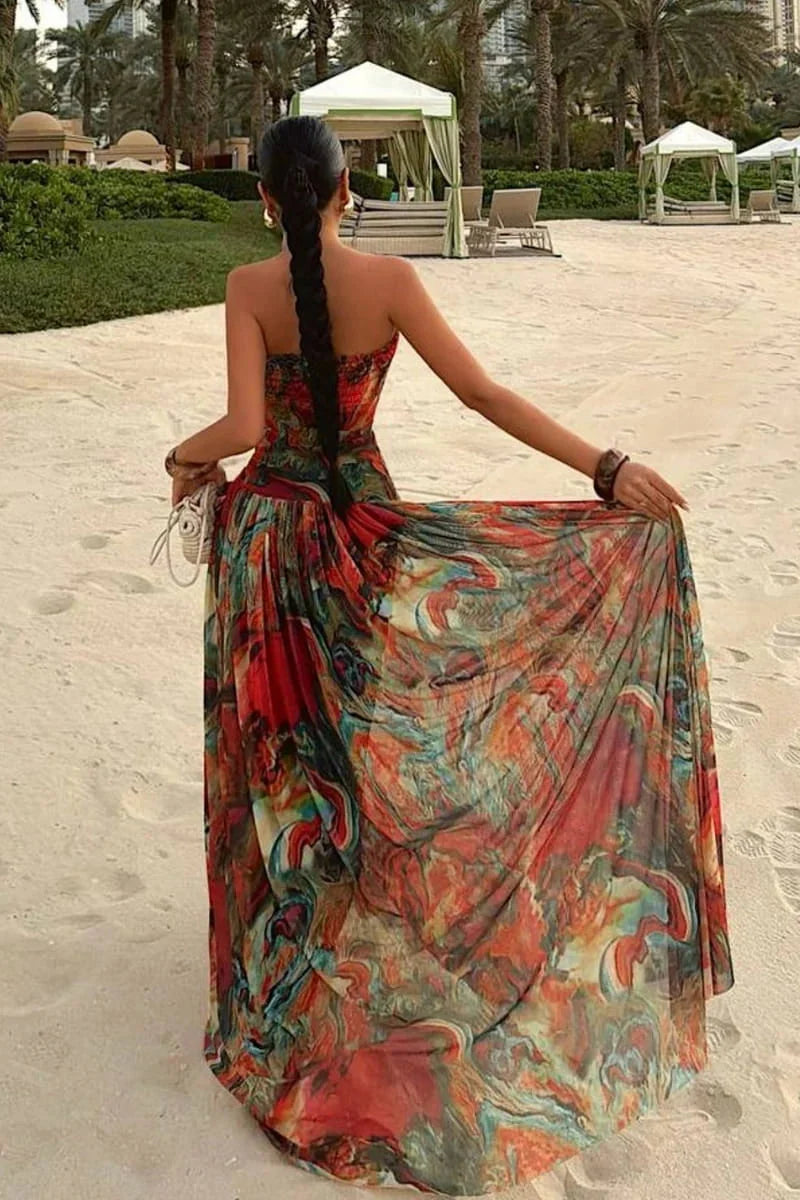 Nerissa | Women's Abstract Print Spaghetti Strap Drop-Waist Maxi Vacation Dress