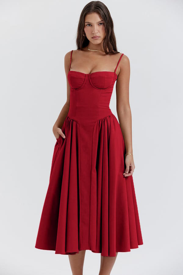 Odette | Women's Spaghetti Strap Corset Drop-Waist Midi Occasion Dress