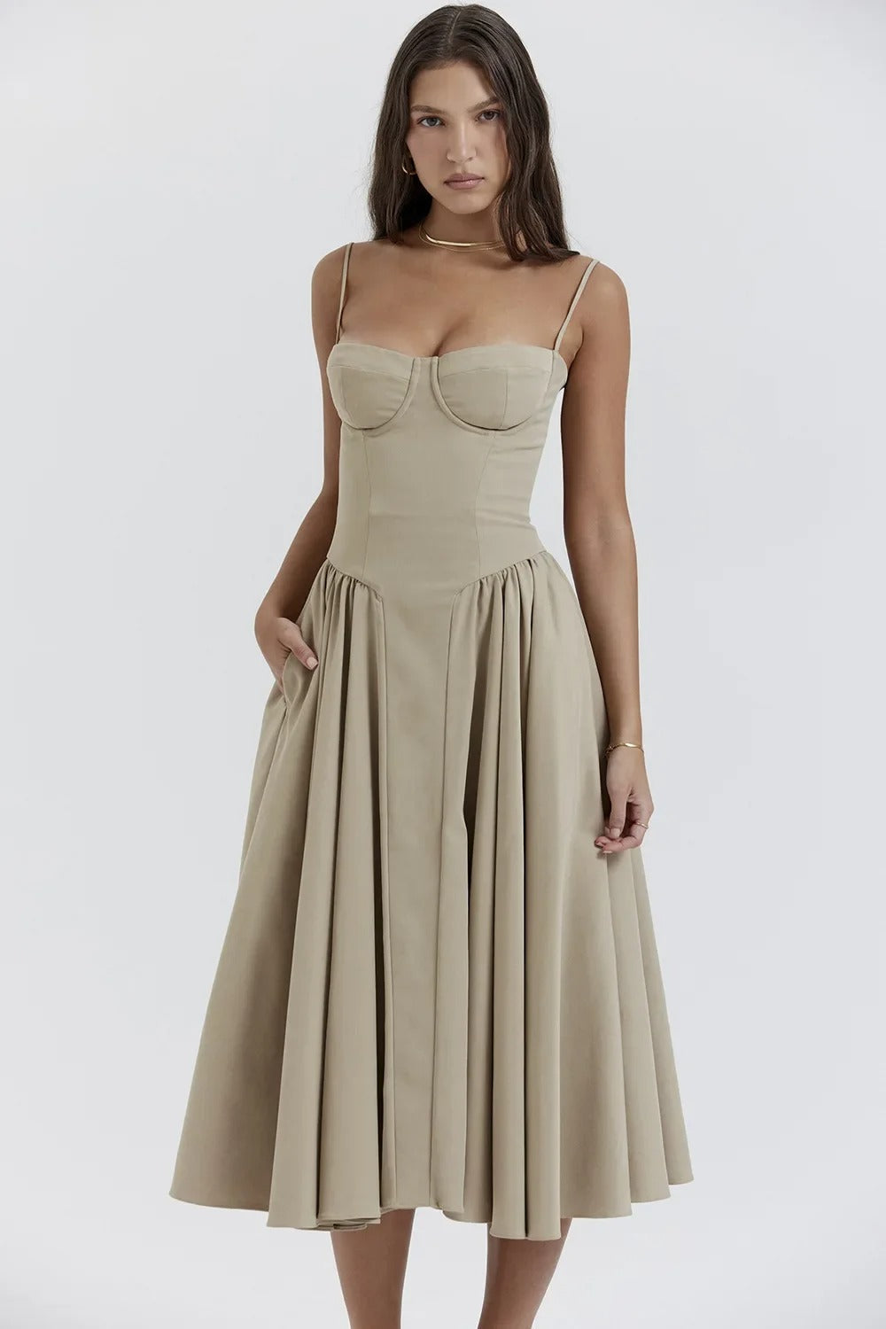 Odette | Women's Spaghetti Strap Corset Drop-Waist Midi Occasion Dress