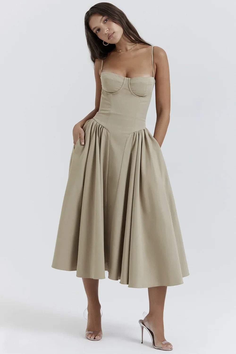 Odette | Women's Spaghetti Strap Corset Drop-Waist Midi Occasion Dress