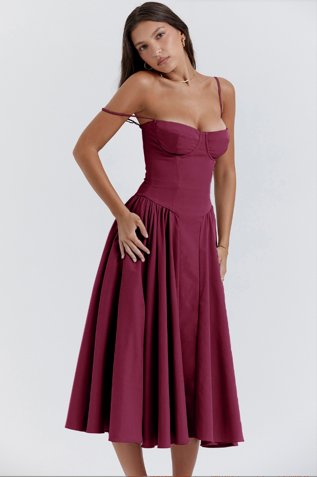 Odette | Women's Spaghetti Strap Corset Drop-Waist Midi Occasion Dress