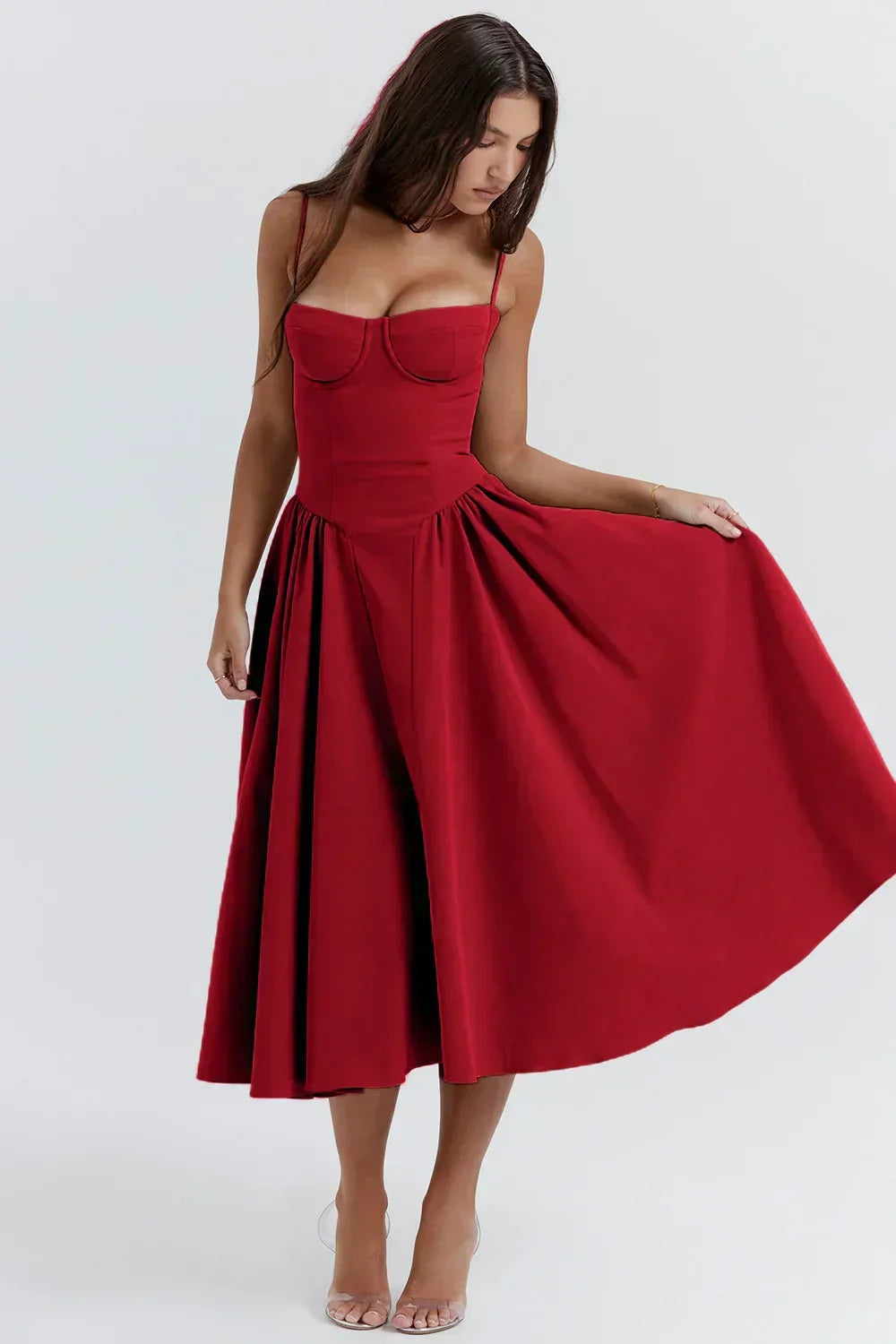 Odette | Women's Spaghetti Strap Corset Drop-Waist Midi Occasion Dress