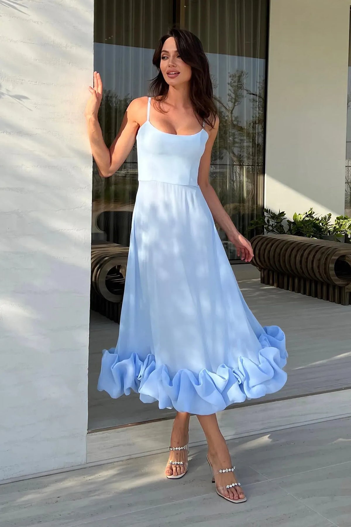 Ottilie | Women's Spaghetti Strap Ruffled Hem Midi Spring Dress