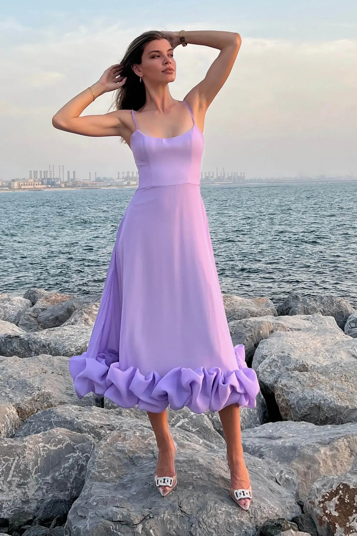 Ottilie | Women's Spaghetti Strap Ruffled Hem Midi Spring Dress