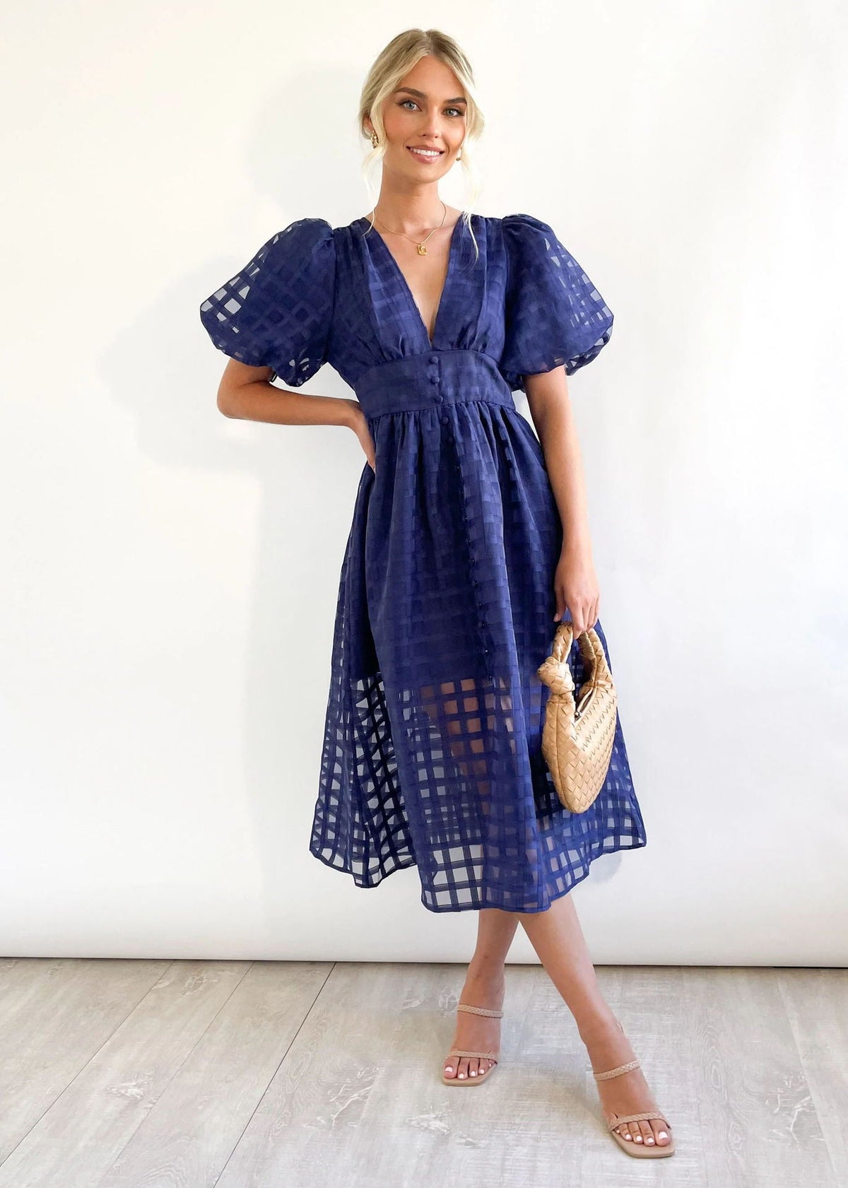 Rosalind | Women's V-Neck Puff Sleeve Textured Midi Wedding Guest Dress