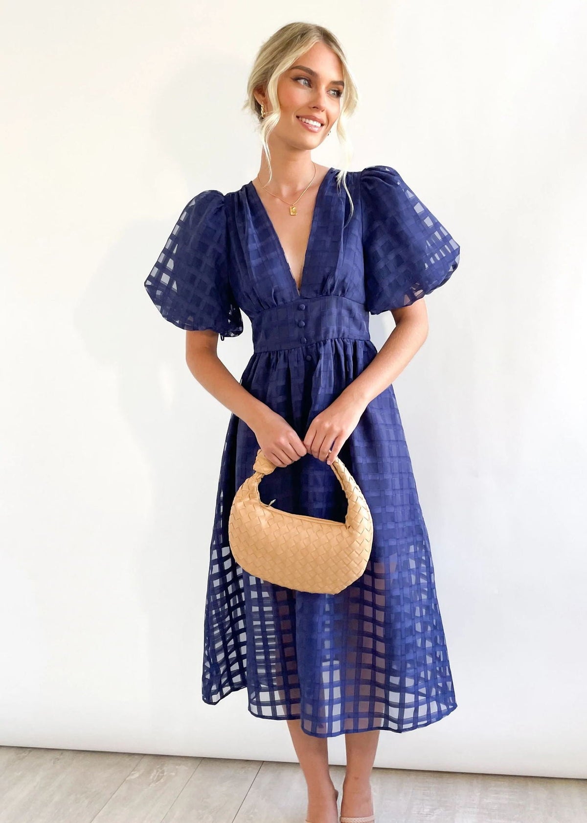 Rosalind | Women's V-Neck Puff Sleeve Textured Midi Wedding Guest Dress