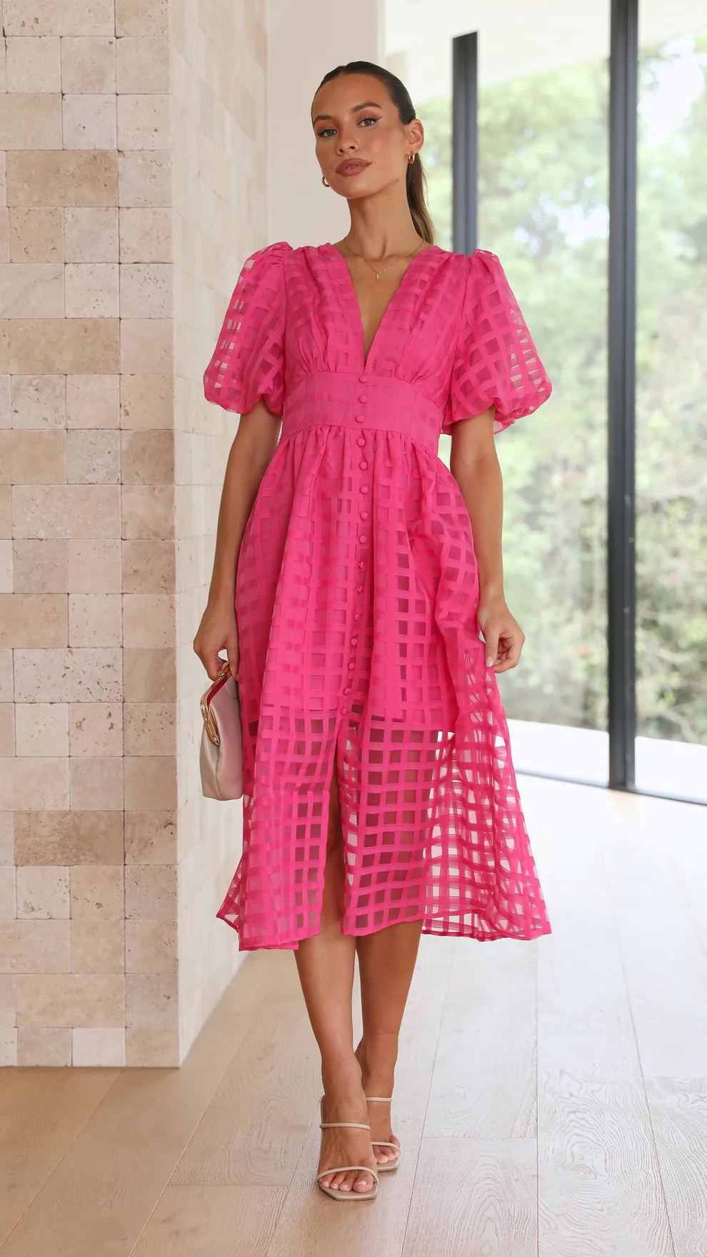 Rosalind | Women's V-Neck Puff Sleeve Textured Midi Wedding Guest Dress