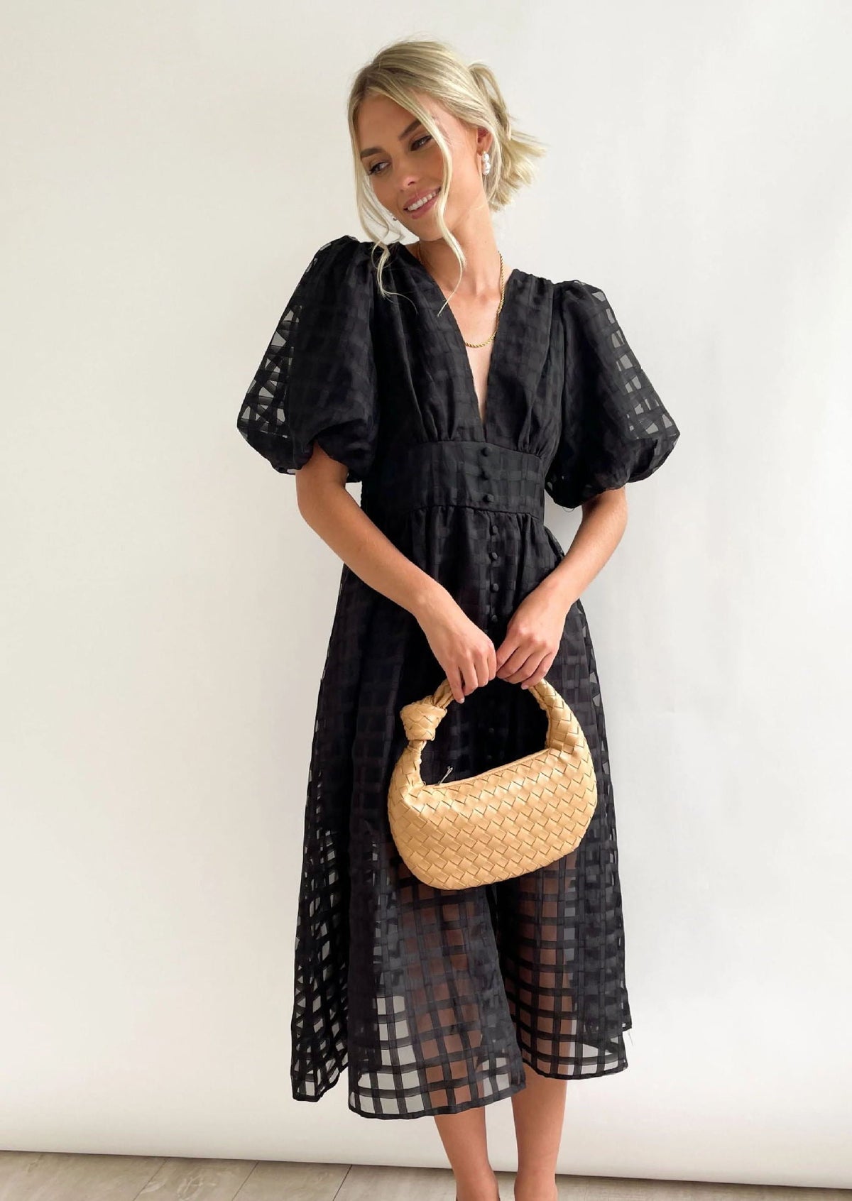 Rosalind | Women's V-Neck Puff Sleeve Textured Midi Wedding Guest Dress