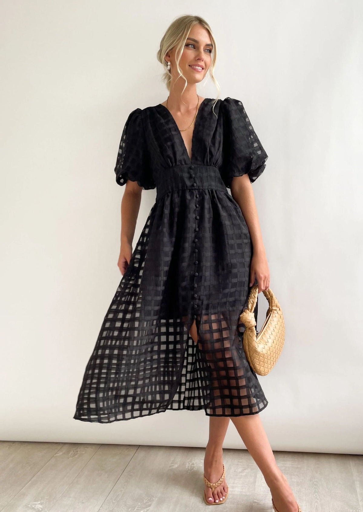 Rosalind | Women's V-Neck Puff Sleeve Textured Midi Wedding Guest Dress
