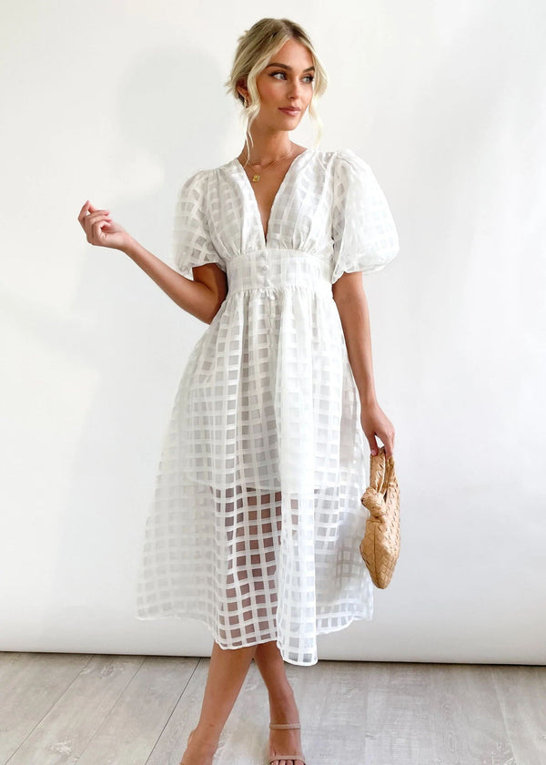 Rosalind | Women's V-Neck Puff Sleeve Textured Midi Wedding Guest Dress
