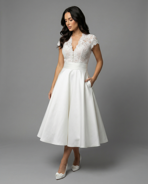 Sabine | Women's Lace V-Neck Short Sleeve Midi Hens Party Dress