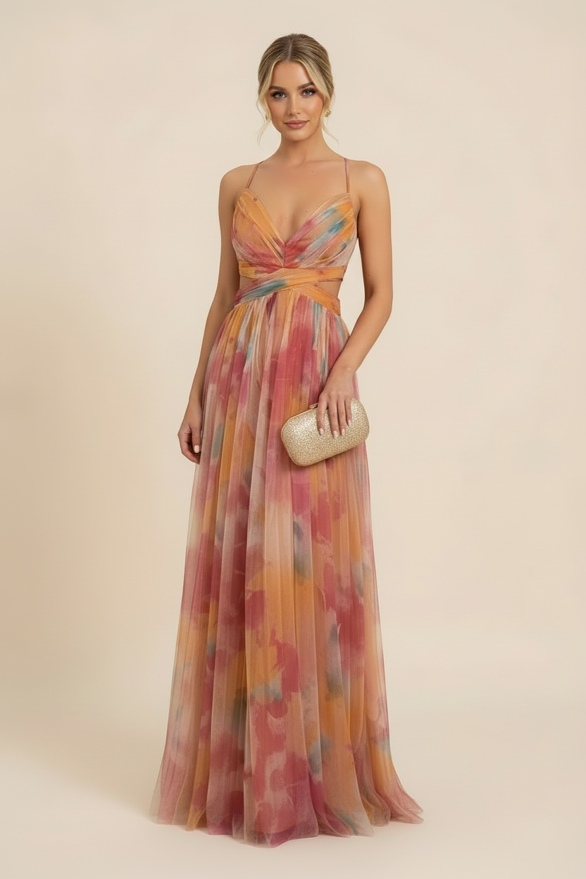 Saskia | Women's Abstract Print Spaghetti Strap Maxi Wedding Guest Dress