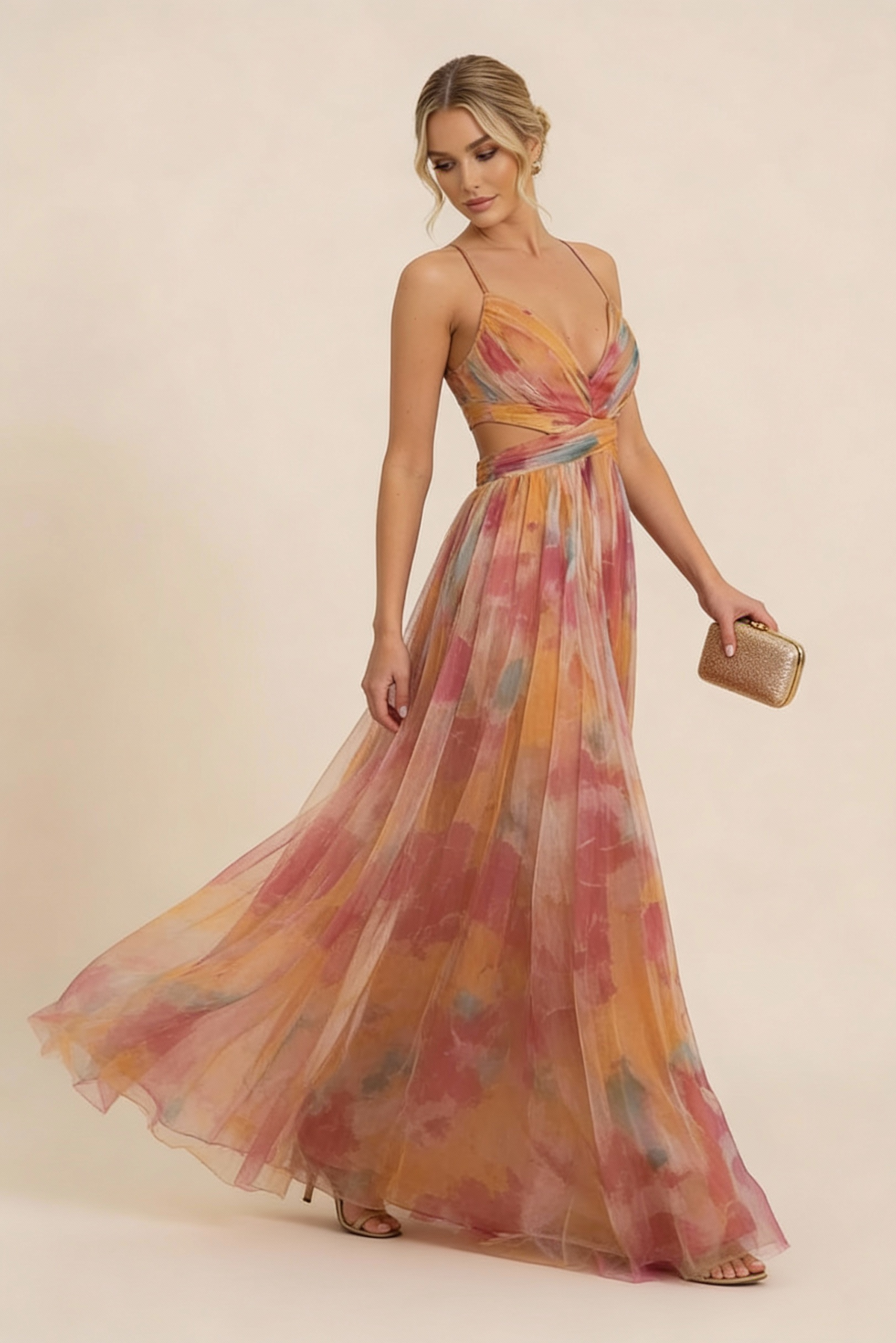 Saskia | Women's Abstract Print Spaghetti Strap Maxi Wedding Guest Dress