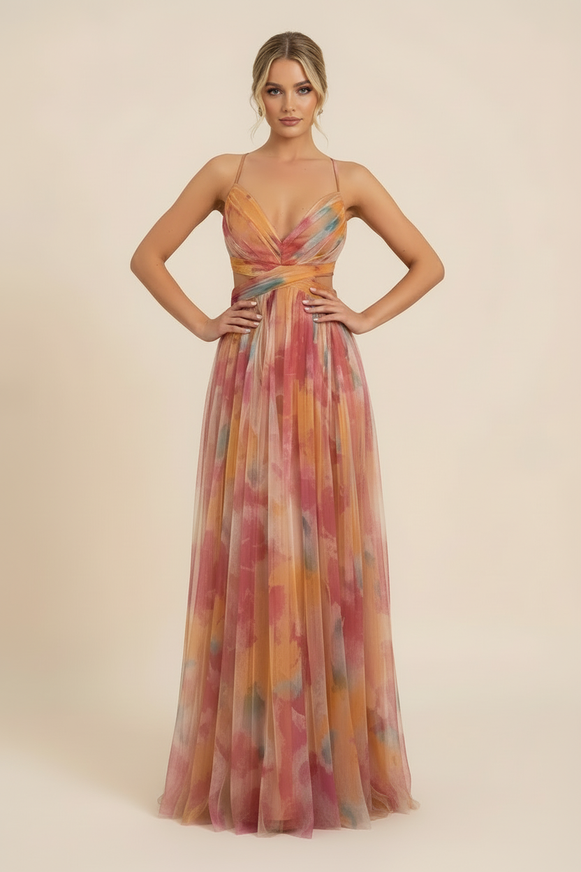 Saskia | Women's Abstract Print Spaghetti Strap Maxi Wedding Guest Dress