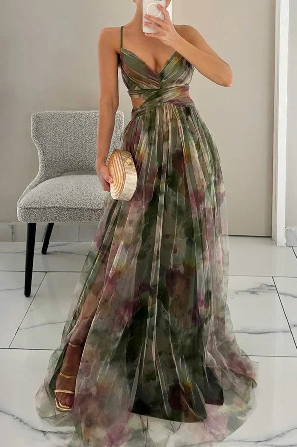 Saskia | Women's Abstract Print Spaghetti Strap Maxi Wedding Guest Dress