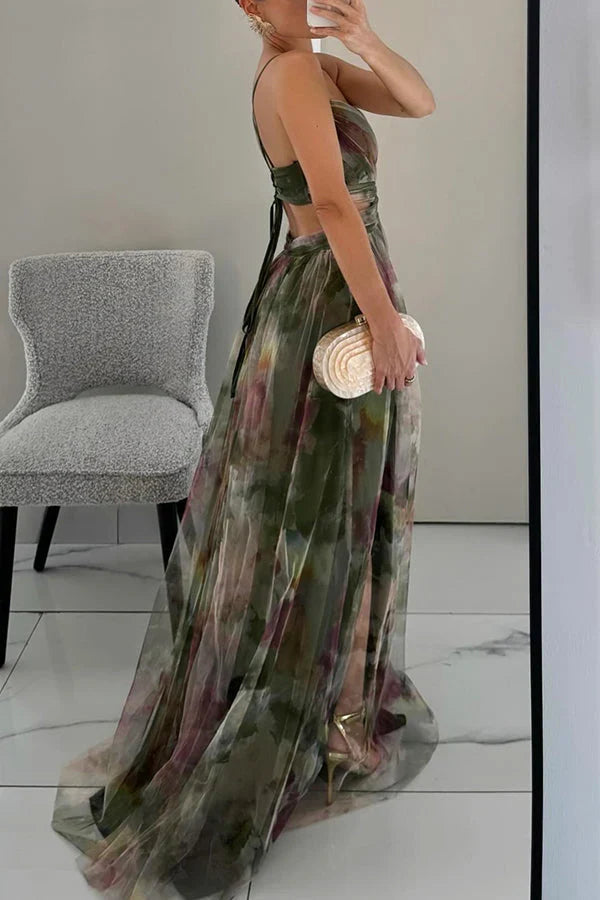 Saskia | Women's Abstract Print Spaghetti Strap Maxi Wedding Guest Dress