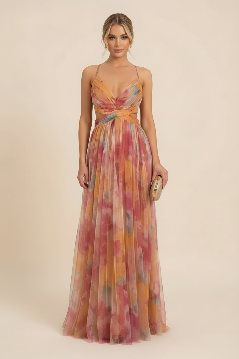 Saskia | Women's Abstract Print Spaghetti Strap Maxi Wedding Guest Dress