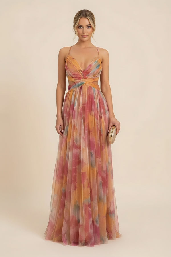 Saskia | Women's Abstract Print Spaghetti Strap Maxi Wedding Guest Dress