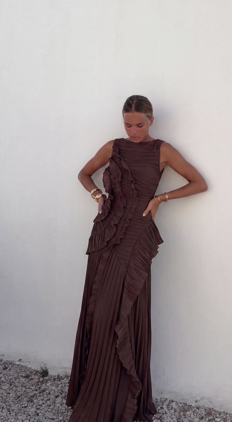 Soraya | Women's Pleated Ruffle Sleeveless Maxi Wedding Guest Dress