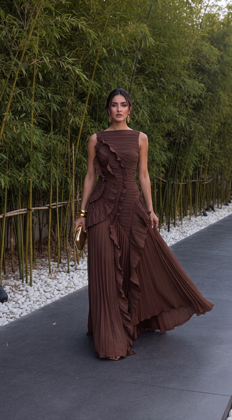 Soraya | Women's Pleated Ruffle Sleeveless Maxi Wedding Guest Dress