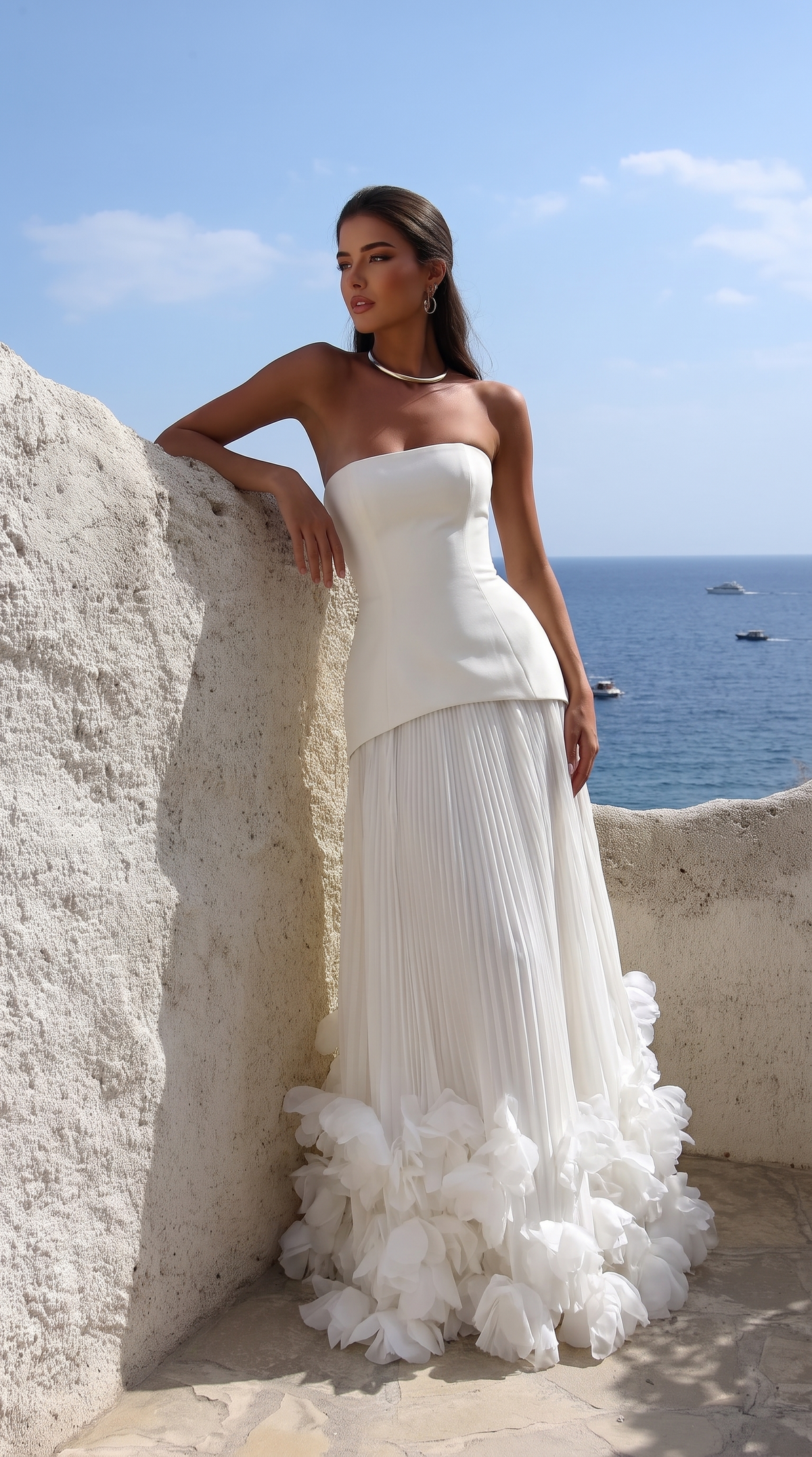 Verena | Women's Strapless Pleated Floral Appliqué Maxi Hens Party Dress