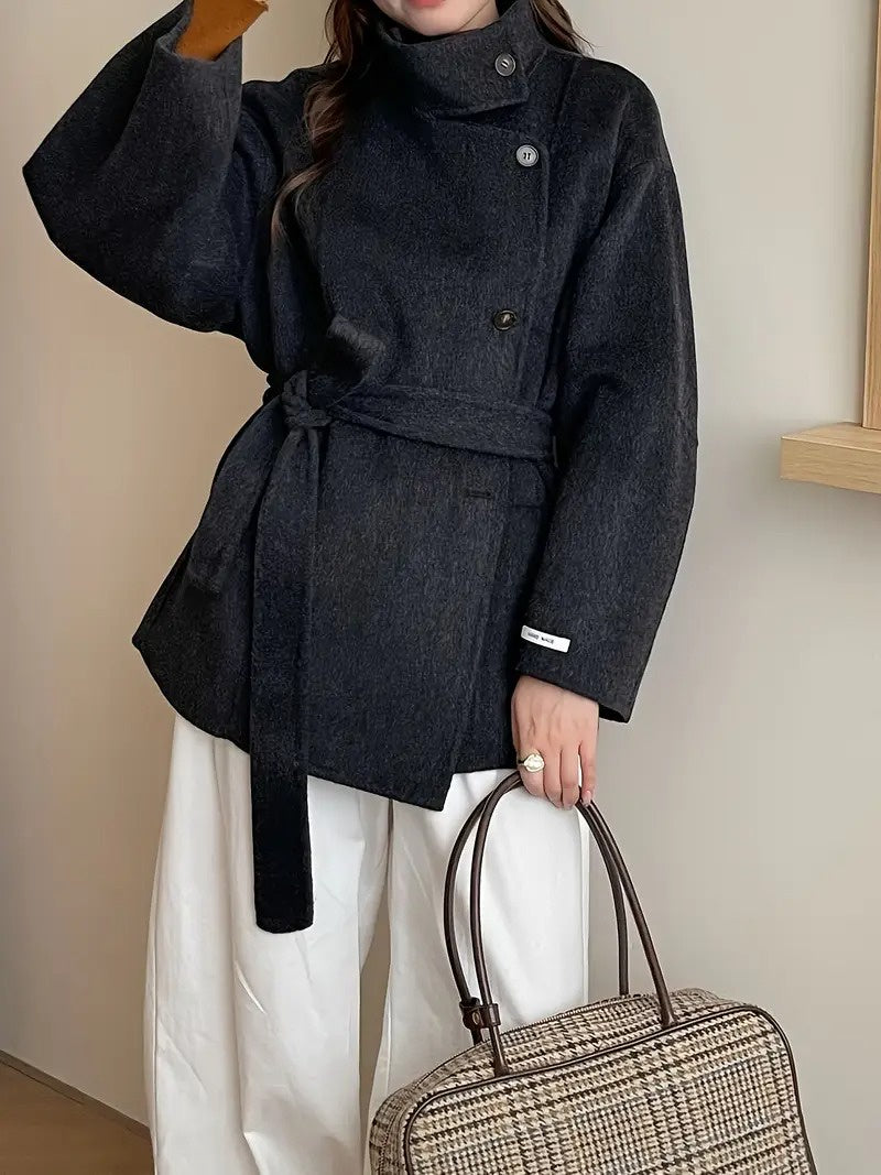 Women's Button-Front Coat with Waist Tie Belt