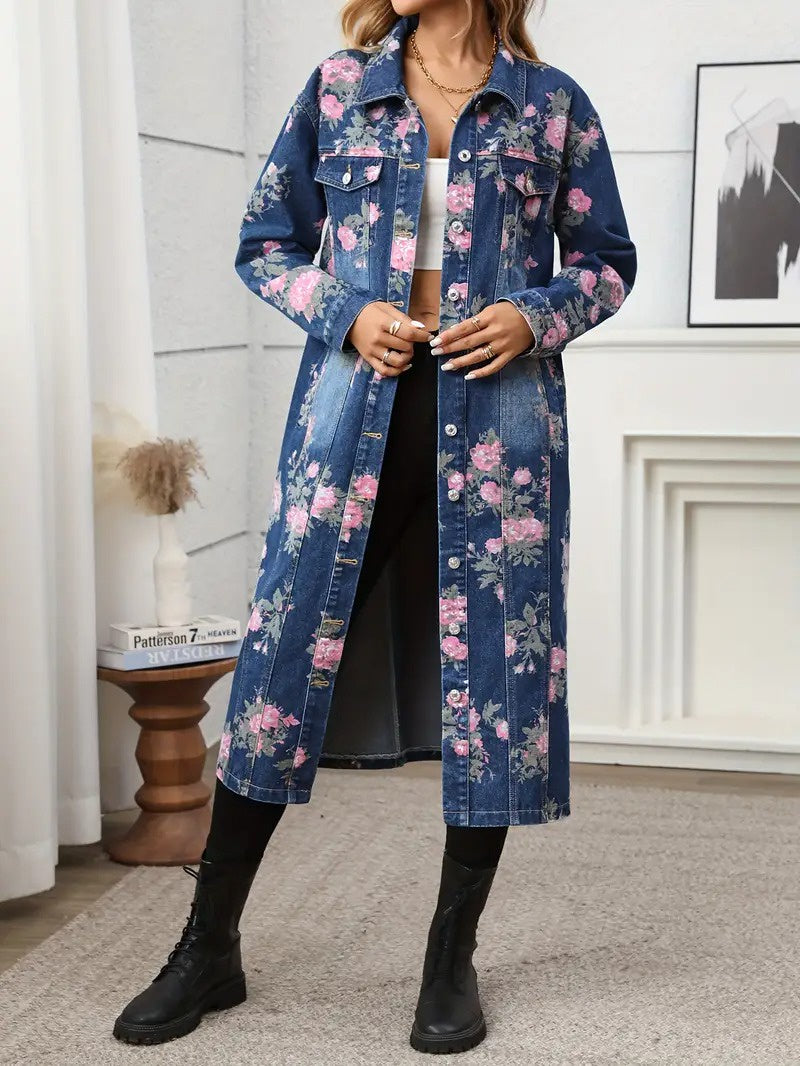 Women's Floral Print Coat with Chest Pockets