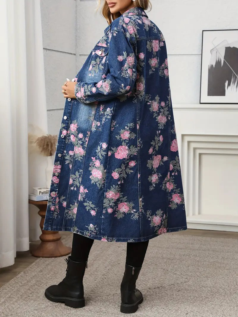 Women's Floral Print Coat with Chest Pockets