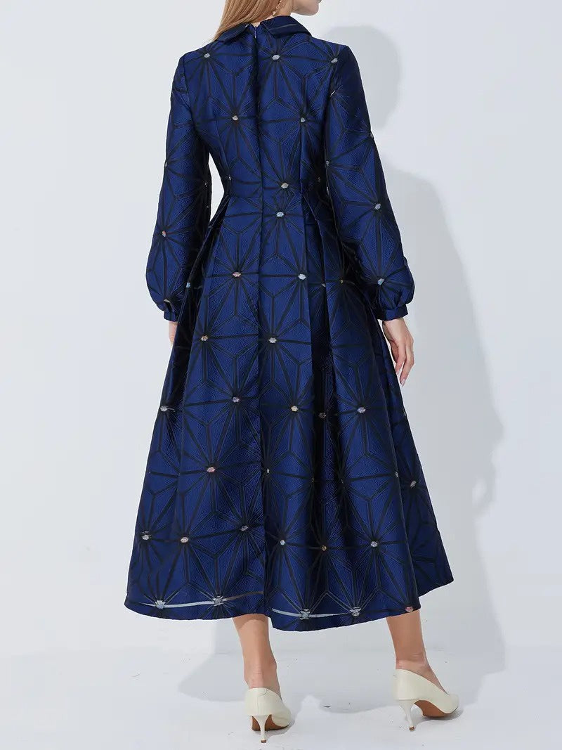 Women's Geometric Print Midi Dress with Collar