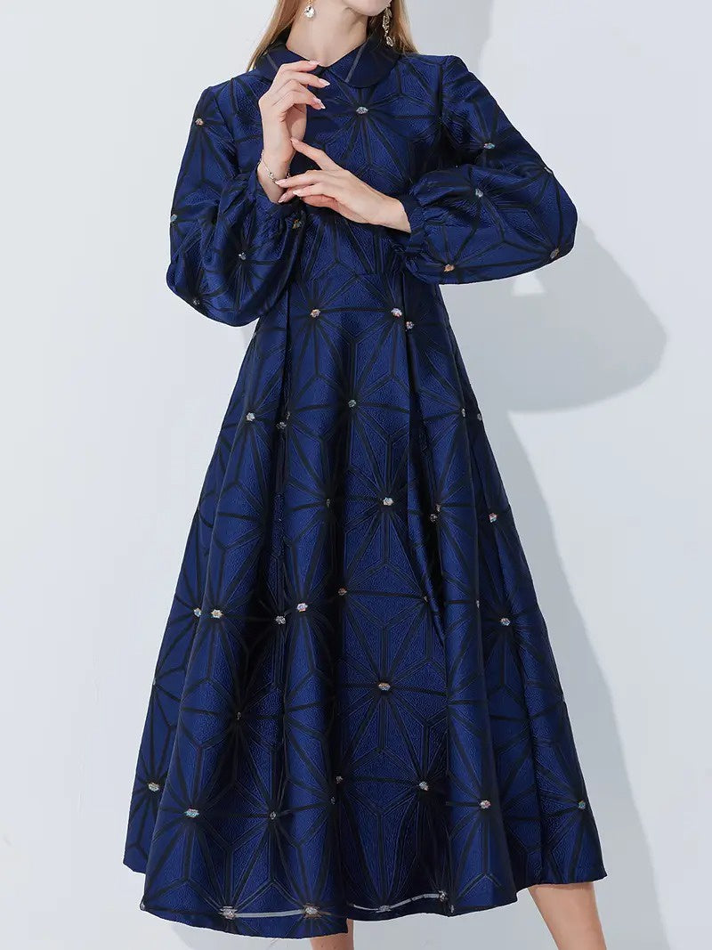 Women's Geometric Print Midi Dress with Collar