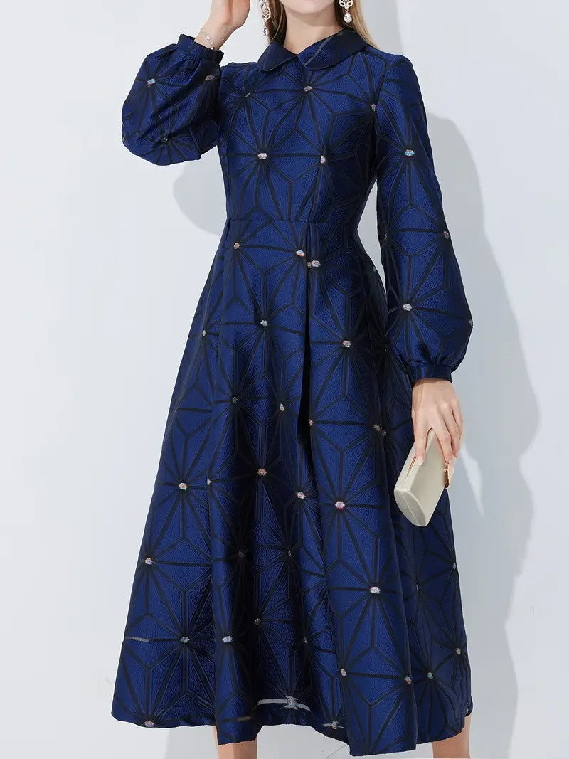 Women's Geometric Print Midi Dress with Collar