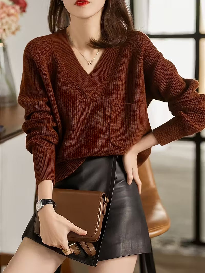Women's V-Neck Sweater with Chest Pocket