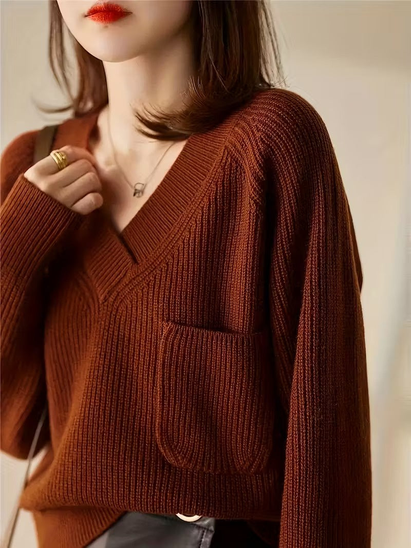 Women's V-Neck Sweater with Chest Pocket